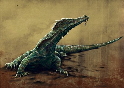 Fantastische Monster und Kreaturen, Kryptozoologie: Darstellung eines Buru, eines großen Eidechsen, die im Nordosten Indiens gesehen worden sein soll. Zeichnung von Alessandro Lonati, 2012 von Alessandro Lonati