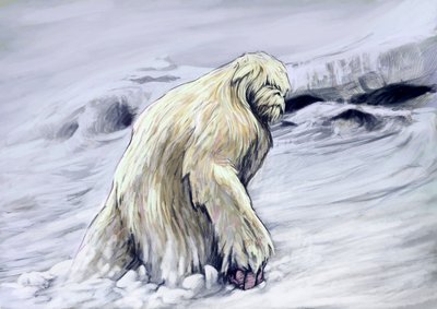 Fantastische Monster und Kreaturen, Kryptozoologie: Darstellung eines Yetis oder „Schneemenschen“, anthropomorphe Kreatur des Folklore der Himalaya-Region von Alessandro Lonati