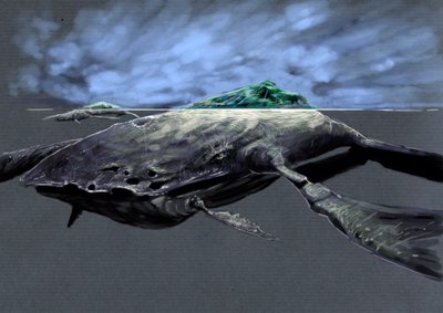 Fantastische Monster und Kreaturen, Kryptozoologie: Darstellung einer Zaratan, monströse Meeresschildkröte, die einer Insel ähnelt von Alessandro Lonati