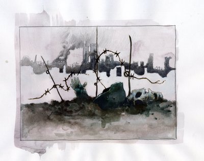 Erster Weltkrieg: Kriegsallegorie mit Totenkopfshelm in Bärten vor Ruinen Farbdarstellung von Alessandro Lonati von Alessandro Lonati