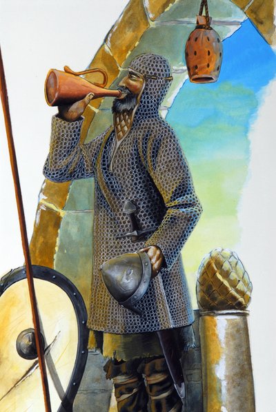 Erster Kreuzzug: ein ruhender Kranich, ausgestattet mit seinem Kettenhemd, trinkt aus der Karaffe, sein Schild und seine Lanze sind neben ihm platziert. von Alessandro Lonati