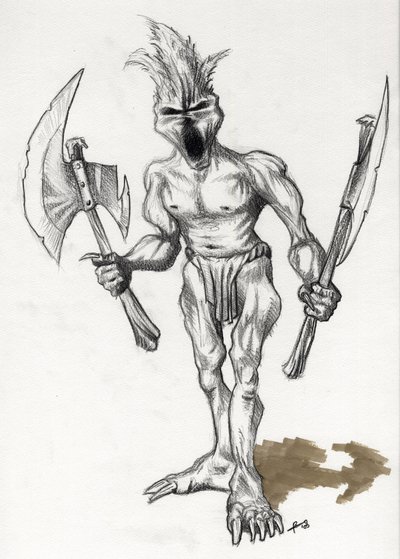 Legendäres Monster für Fantasy-Illustration: Trollkrieger mit Äxten. Zeichnung von Alessandro Lonati von Alessandro Lonati