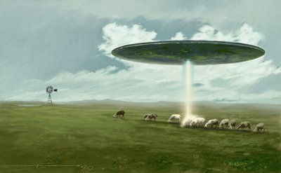 Mysteriöses Phänomen: eine fliegende Untertasse (Alien oder UFO) entführt ein Schaf. Zeichnung von Alessandro Lonati von Alessandro Lonati