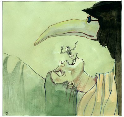 Pestdoktor, der eine schnabelartige Maske trägt, die mit aromatischen Gegenständen gefüllt ist, vor einem Opfer von Alessandro Lonati