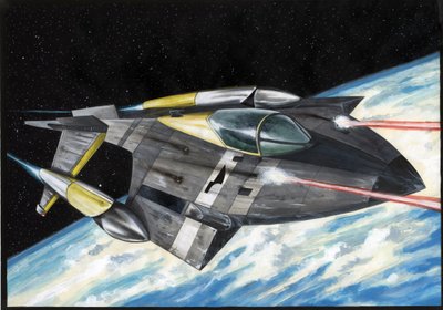 Science-Fiction-Illustration: Raumschiff mit der Eroberung des Weltraums oder Universums schießt Laserstrahlen auf den Planeten Erde. Zeichnung von Alessandro Lonati von Alessandro Lonati