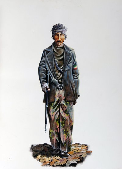 Zweiter Weltkrieg: ein Mitglied des italienischen Widerstands (Resistenza Italiana) in Tarnanzug und mit Maschinengewehr. 1943-1945. Illustration von Alessandro Lonati von Alessandro Lonati