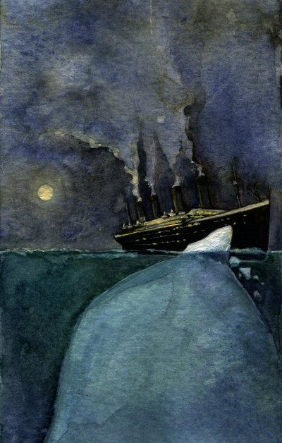 Ansicht des transatlantischen Liners Titanic zum Zeitpunkt des Untergangs am 14. und 15. April 1912, verursacht durch die Kollision mit einem Eisberg - Illustration von Alessandro Lonati, 2011 von Alessandro Lonati