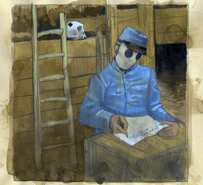 Erster Weltkrieg: Ein französischer Soldat schreibt einen Brief in einem Schützengraben und trägt eine Gasmaske von Alessandro Lonati