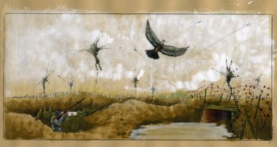 Erster Weltkrieg: eine Brieftaube, die eine Nachricht trägt, wird von einem deutschen Soldaten in einem Schützengraben ins Visier genommen, der versucht, eine Nachricht zu bergen, 1914-1918 von Alessandro Lonati