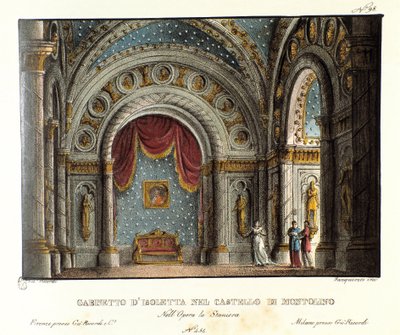 Isolettas Kabinett im Schloss Montolino in der Bretagne Bühnenbild für die Aufführung der Oper „La straniera“ (1828) von Vincenzo Bellini im Teatro alla Scala im Jahr 1829. Lithographie in „Raccolta di invenzioni sceniche del 1830 di Alessandro Sanquirico von Alessandro Sanquirico