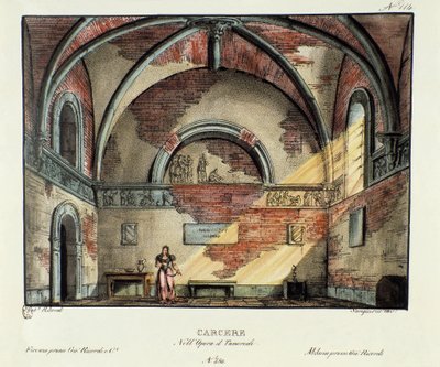 Gefängniszelle. Szenografie für die Aufführung der Oper „Tancredi“ von Gioacchino Rossini (1813) nach Voltaires Stück „Tancrede“. Lithografie in „Raccolta di invenzioni sceniche del 1830 di Alessandro Sanquirico“ von Alessandro Sanquirico