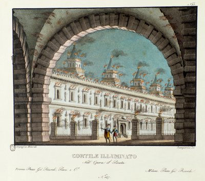 Ansicht des großen beleuchteten Hofes, Bühnenbild für die Oper Il pirata von Vincenzo Bellini von Alessandro Sanquirico