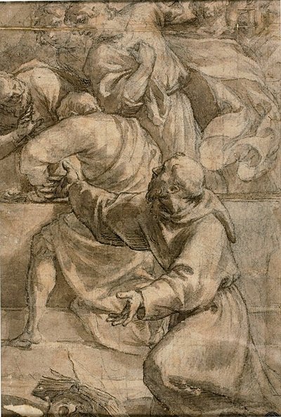Fragment einer Himmelfahrtsszene (?) mit Aposteln und Franz von Assisi im Vordergrund von Alessandro Turchi
