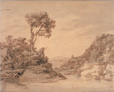 Landschaft mit Figur am Ufer eines Teiches von Alexander Cozens