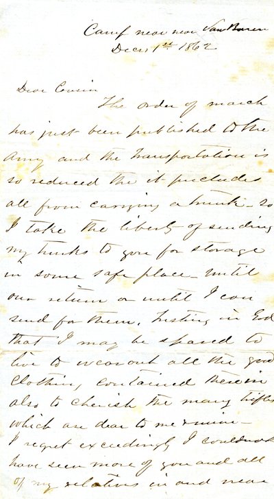 Brief unterzeichnet A.E. Steen, Lager in der Nähe von Van Buren, an seine Cousine Frau Mary Walker, Van Buren, Ark., 1. Dezember 1862 von Alexander Early Steen