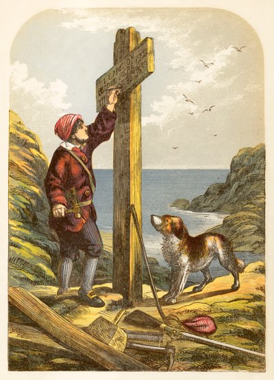 Robinson Crusoe errichtet einen Pfosten am Ufer von Alexander Francis Lydon