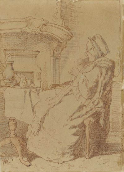 Sitzende, strickende alte Frau an einem Tisch von Alexander Hugo Bakker Korff