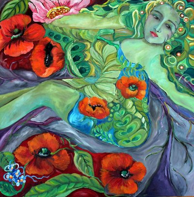 Grüne Göttin und Mohnblumen von Alexandra Higgins