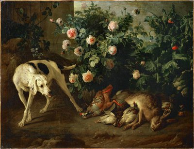 Hund bewacht Wild in der Nähe eines Rosenstrauchs von Alexandre Francois Desportes