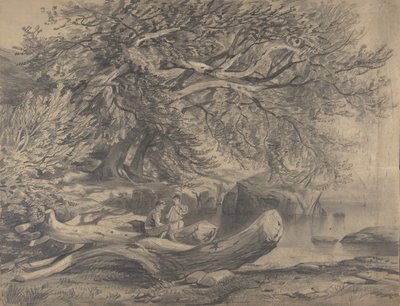Zwei Männer ruhen sich an einem See aus recto..., frühes bis mittleres 19. Jahrhundert von Alexandre Calame
