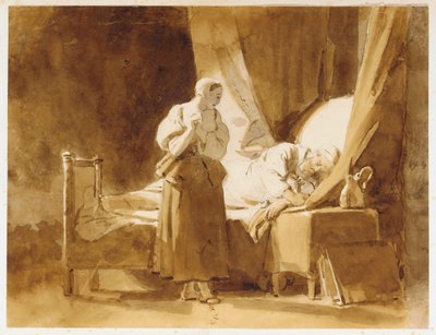 Eine Frau betrachtet einen schlafenden Mann von Alexandre Evariste Fragonard
