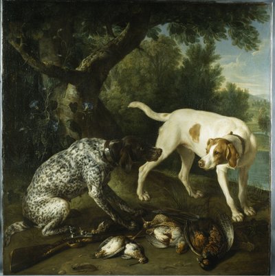 Zwei Zeigerhunde des 3. Earl of Burlington mit erlegtem Wild in einer Landschaft von Alexandre Francois Desportes