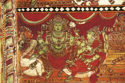 Visnu, Detail aus Fresken, die das Leben von Shiva darstellen, im Schrein für Parvati, Nataraya-Tempel, Chidambaram, Tamil Nadu, Indien, 5. Jahrhundert von Nicolas Toussaint Charlet