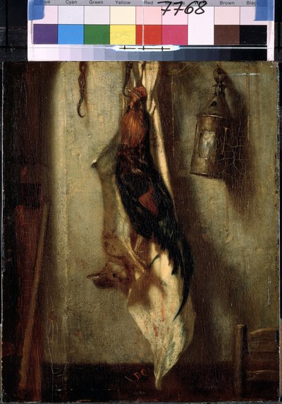 Stillleben mit Hahn und Hase, aufgehängt an einem Haken, und Laterne von Alexandre Gabriel Decamps