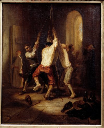 Die Glockenläuter. Männer ziehen am Seil, um die Glocken zu läuten. Gemälde von Alexandre Gabriel Decamps (1803-1860) von Alexandre Gabriel Decamps