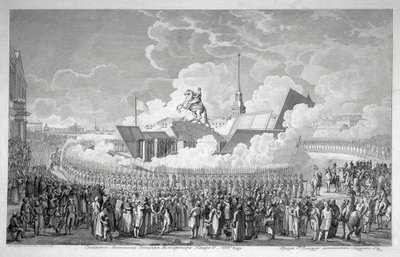 Eröffnung der Reiterstatue von Peter dem Großen auf dem Senatsplatz St. Petersburg im Jahr 1782, frühes 19. Jahrhundert von Alexey Kupriyanovich Melnikov