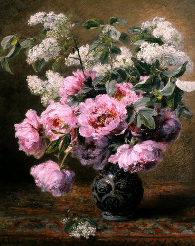 Stillleben mit Sommerblumen, Pfingstrosen und Flieder. von Alexis Kreyder