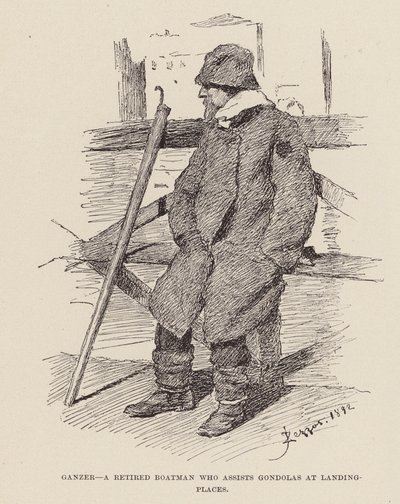 Ganzer, Ein pensionierter Bootsmann, der Gondeln an Landungsplätzen hilft (Gravur) von Alezzandro Zezzos