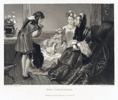 Das Geständnis, bezieht sich auf eine Geschichte mit demselben Titel, eine Frau in einem großen schwarzen Kleid beugt sich vor, um das Geständnis eines Jungen zu hören, der sein Gesicht mit ihren Händen bedeckt von Alfred Edward (after) Chalon