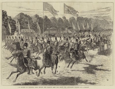 Die Parade im Windsor Park vor Ihrer Majestät und dem Schah, die Artillerie im Galopp (Gravur) von Alfred Chantrey Corbould
