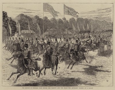 Die Parade im Windsor Park vor Ihrer Majestät und dem Schah, die Artillerie im Galopp von Alfred Chantrey Corbould