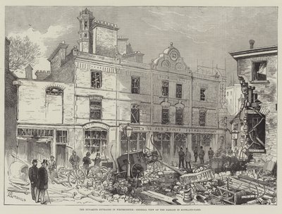 Die Dynamitanschläge in Westminster, Gesamtansicht des Schadens in Scotland-Yard von Alfred Courbould