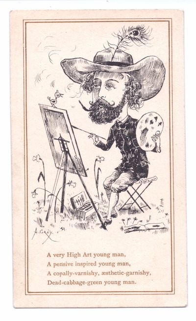 Viktorianische Grußkarte eines ästhetischen Künstlers, der ein Bild malt, ca. 1881 von Alfred Gray