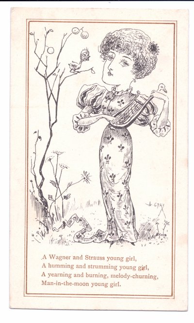 Viktorianische Grußkarte von einem Ästheten, der Laute spielt, ca. 1881 von Alfred Gray