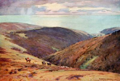 Jagd auf den Rothirsch in Exmoor, Tal von Porlock von Alfred Heaton Cooper