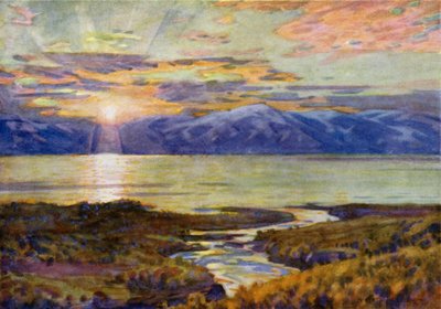 Mitternachtssonne über dem See Torne Träsk, von Abisko von Alfred Heaton Cooper