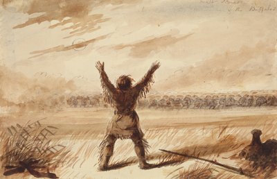 Ein Trapper wird in seiner Ruhe von einer Büffelherde gestört, um 1837 von Alfred Jacob Miller