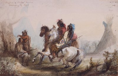 Fallensteller und Schlangenindianer unterhalten sich durch Zeichen, ca. 1837 von Alfred Jacob Miller