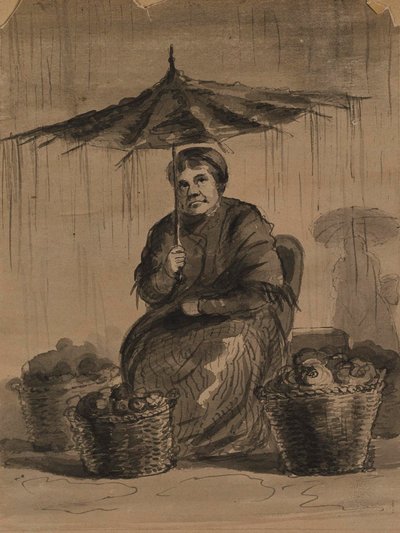Frau unter einem Regenschirm auf einem Markt von Alfred Jacob Miller