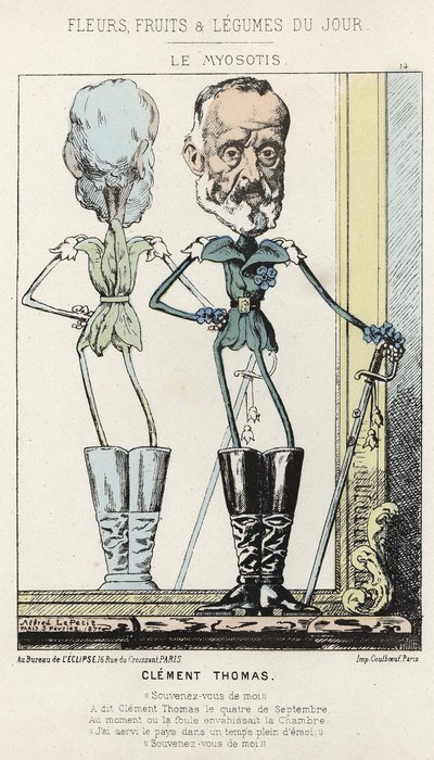 Das Vergissmeinnicht: Karikatur über Clément Thomas - Illustration vom 03.02.1871 in „Blumen, Früchte und Gemüse des Tages“ von Alfred Le Petit