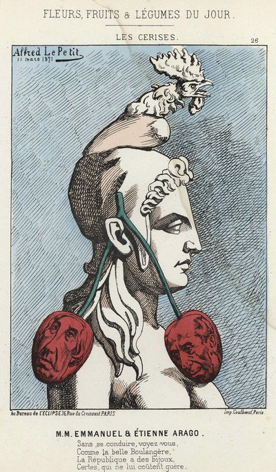 Die Kirschen: Karikatur auf MM Emmanuel und Etienne Arago - Illustration vom 11.03.1871 in „Blumen, Früchte und Gemüse des Tages“ von Alfred Le Petit