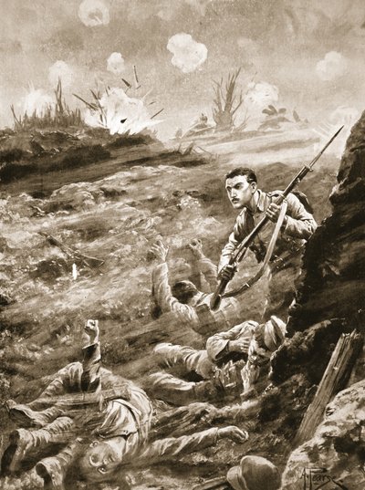 Private E. Warner hält im Alleingang einen Graben, der nach einem Gasangriff evakuiert wurde von Alfred Pearse
