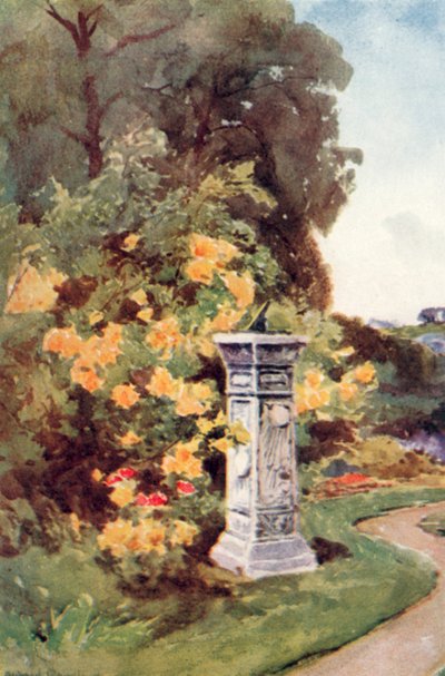 "Die Sonnenuhr stand als Gartengott der christlichen Gärten. Sie sprach von mäßiger Arbeit, von Vergnügen, das nicht nach Sonnenuntergang verlängert wurde" (Farblithografie) von Alfred Rawlings