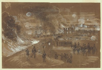 Brand von Mr. Mumas Häusern und Scheunen beim Kampf am 17. September von Alfred Rudolph Waud