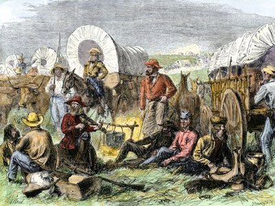 Geschichte des Westens Eroberungssiedler: Amerikanische Pioniere. Reisendenlager am Grab der Nacht in der Nähe von Diligences, Vereinigte Staaten. Farbenfrohe Gravur des 19. Jahrhunderts. von Alfred Rudolph Waud