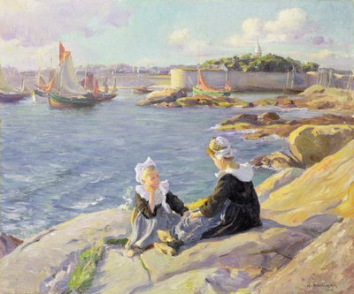 Bretonische Mädchen am Hafen, Concarneau von Alfred Victor Fournier